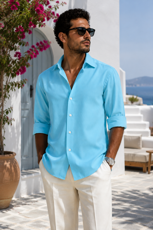 Flamingo Linen Shirt – Ocean Blue